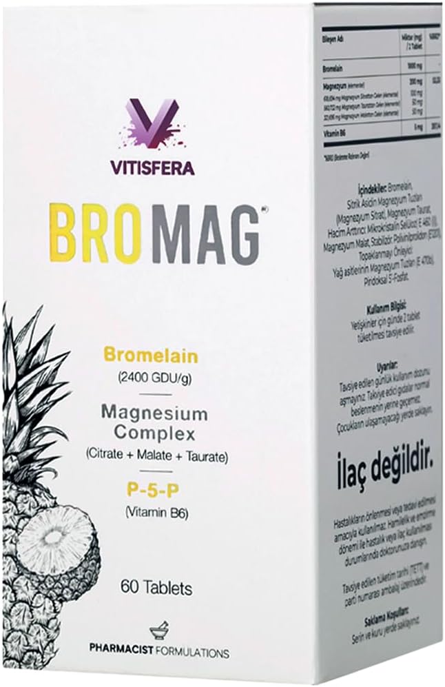Vitisfera Bromag – Magnezyum Kompleksi ve Bromelain – Magnezyum Sitrat, Malat, Taurat, Vitamin B6 – 60 Tablet