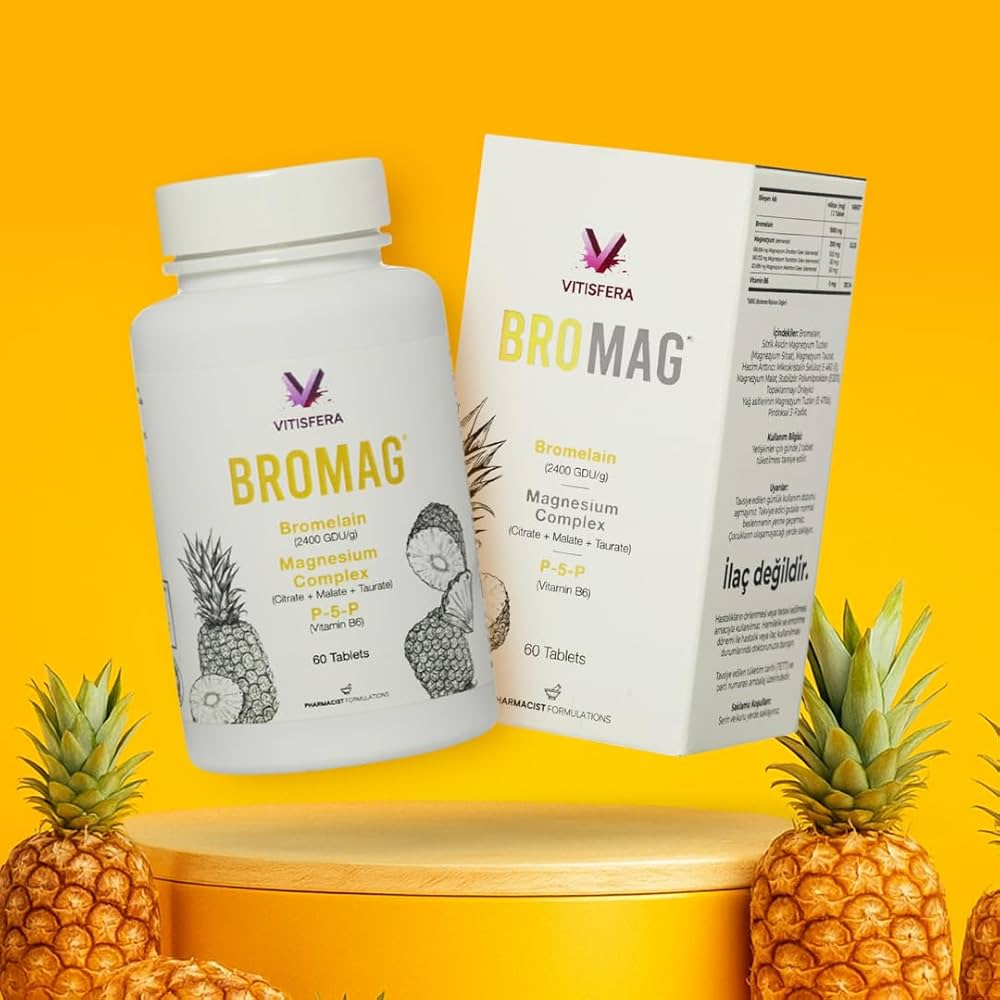 Vitisfera Bromag – Magnezyum Kompleksi ve Bromelain – Magnezyum Sitrat, Malat, Taurat, Vitamin B6 – 60 Tablet